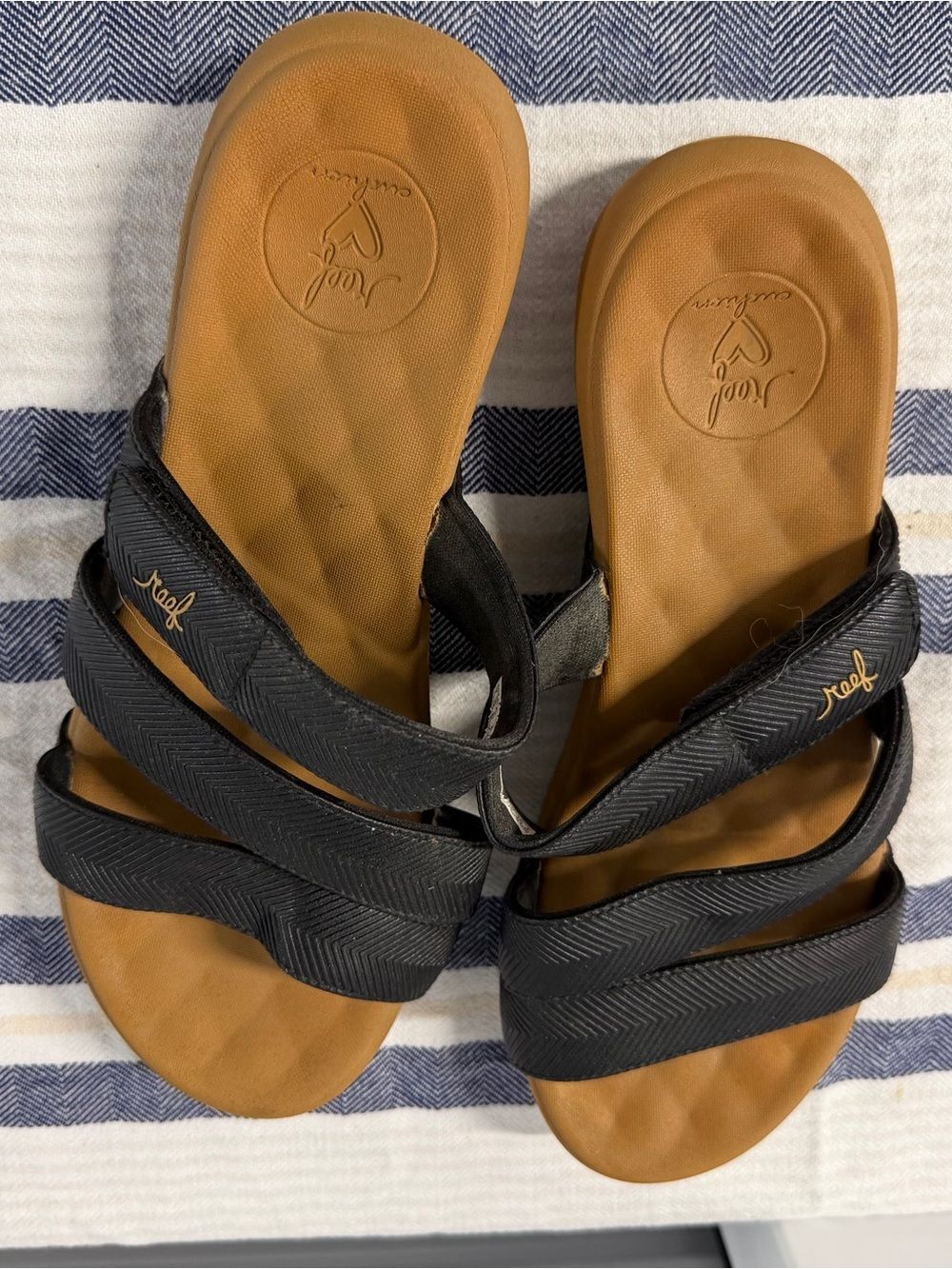 Reef Black Strappy Sandals with Tan Footbed